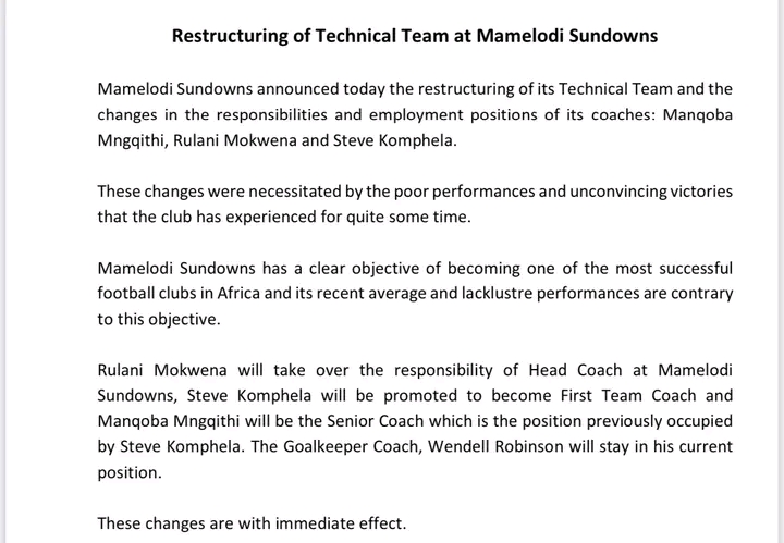 Mamelodi Sundowns have announced changes to their technical team after the recent poor performances, with Rulani Mokwena becoming the sole head coach.